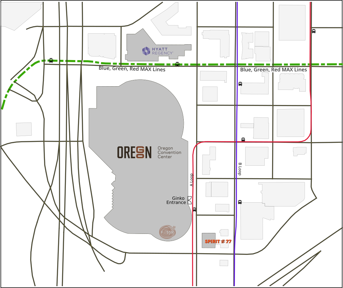 Map of the Oregon Convention Center, labeling transit locations and entrance on the south east side of the building 